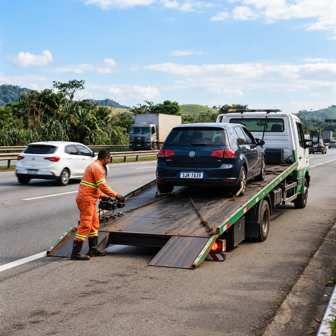 Caminhão plataforma da André Reboques carregando um Volkswagen Golf no acostamento da rodovia